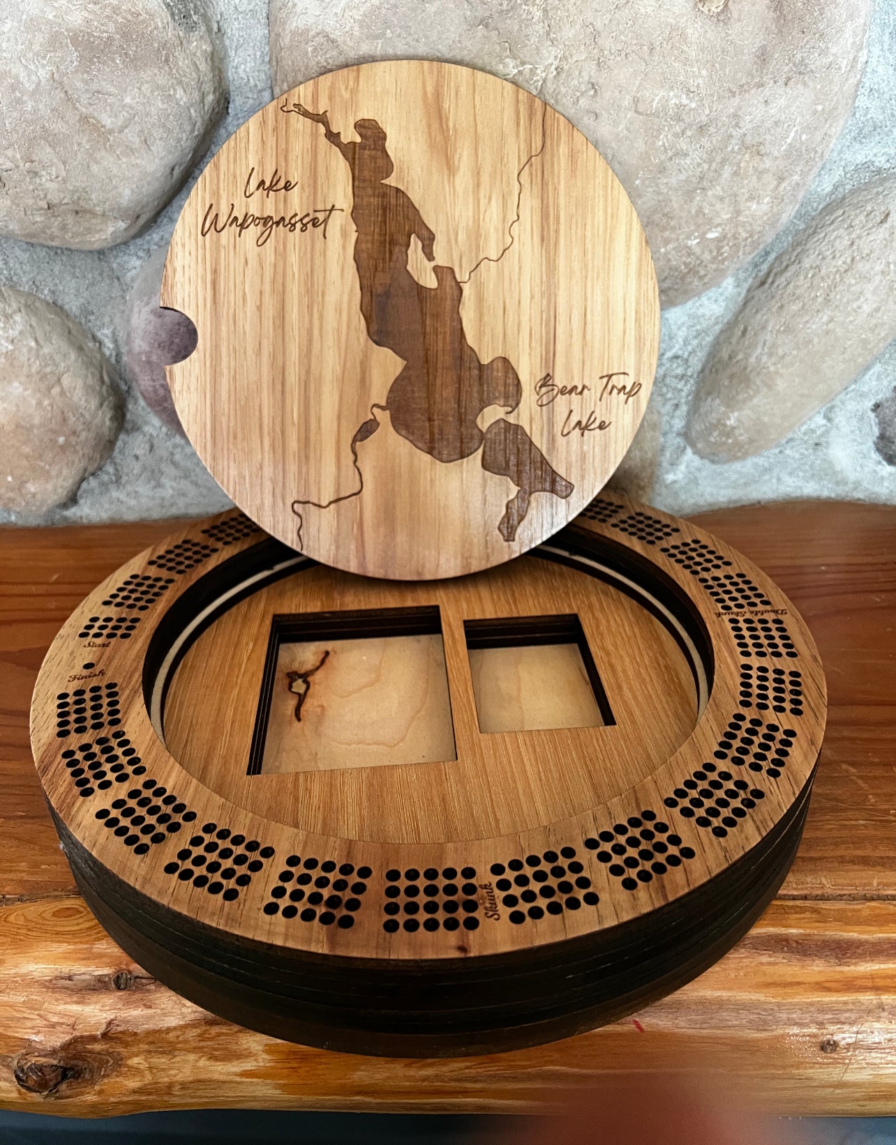 Round Cribbage board - Lake Engraved