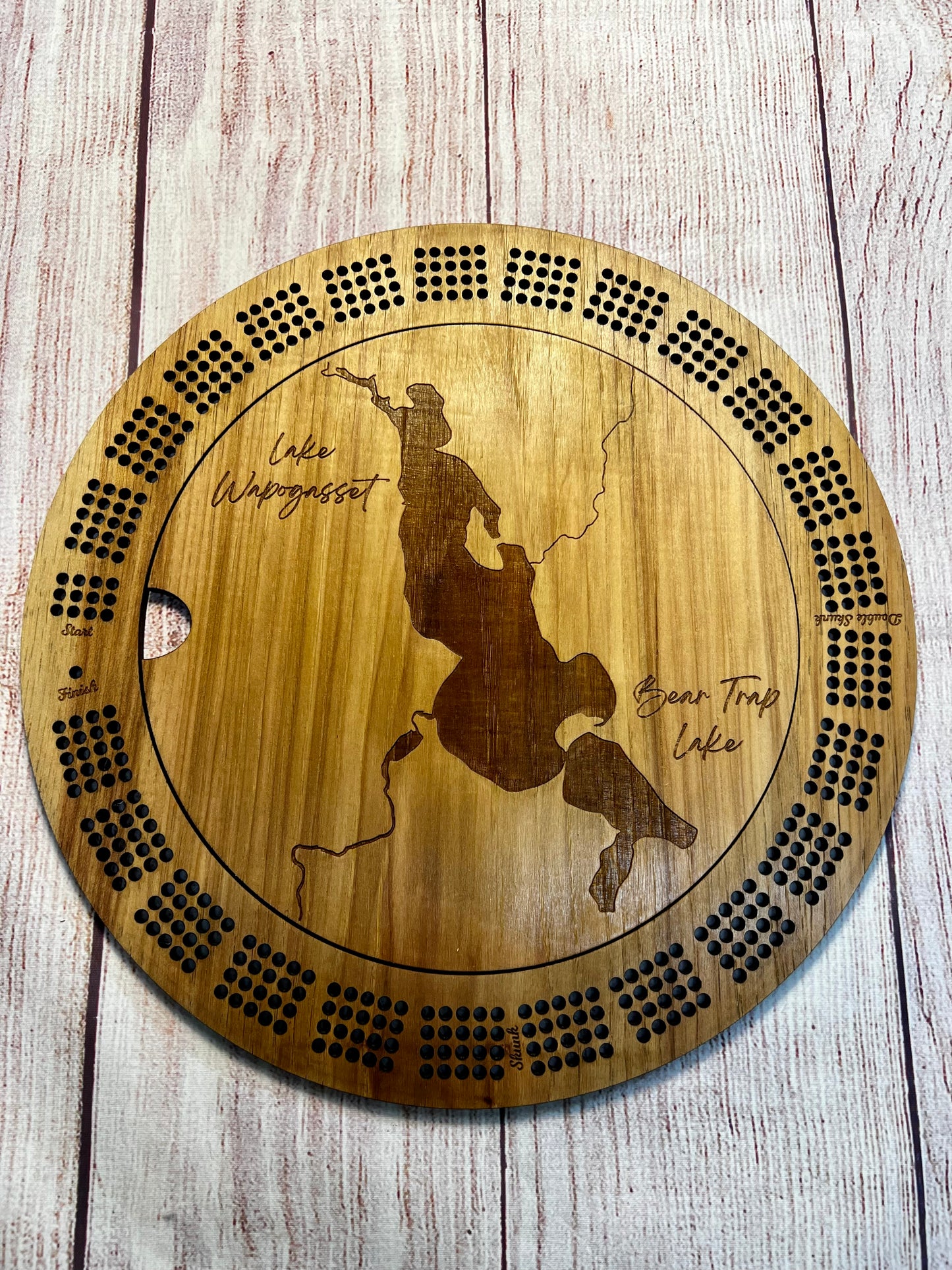 Round Cribbage board - Lake Engraved