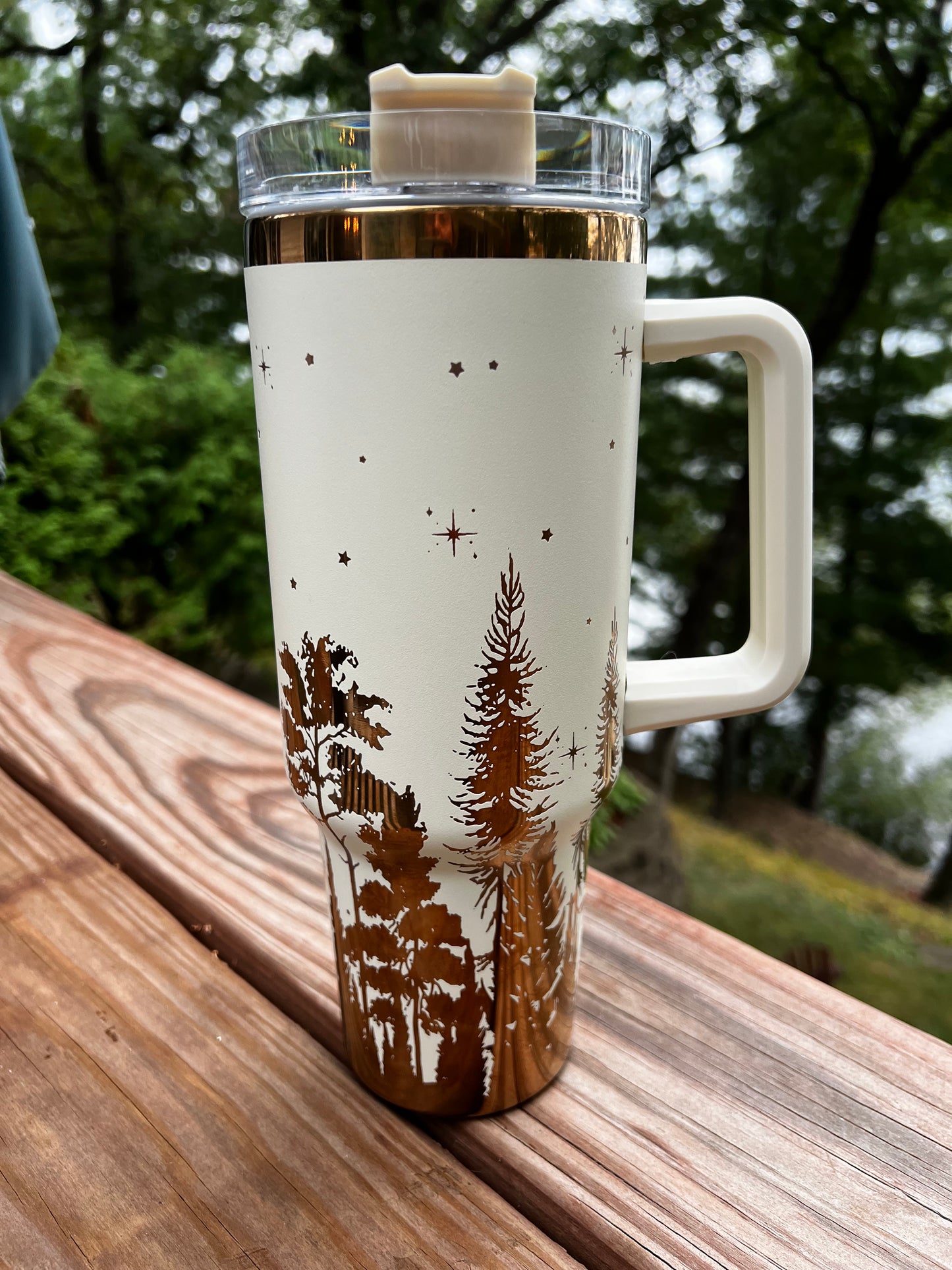 40 ounce engraved Copper Tumbler, Tree Line and Stars
