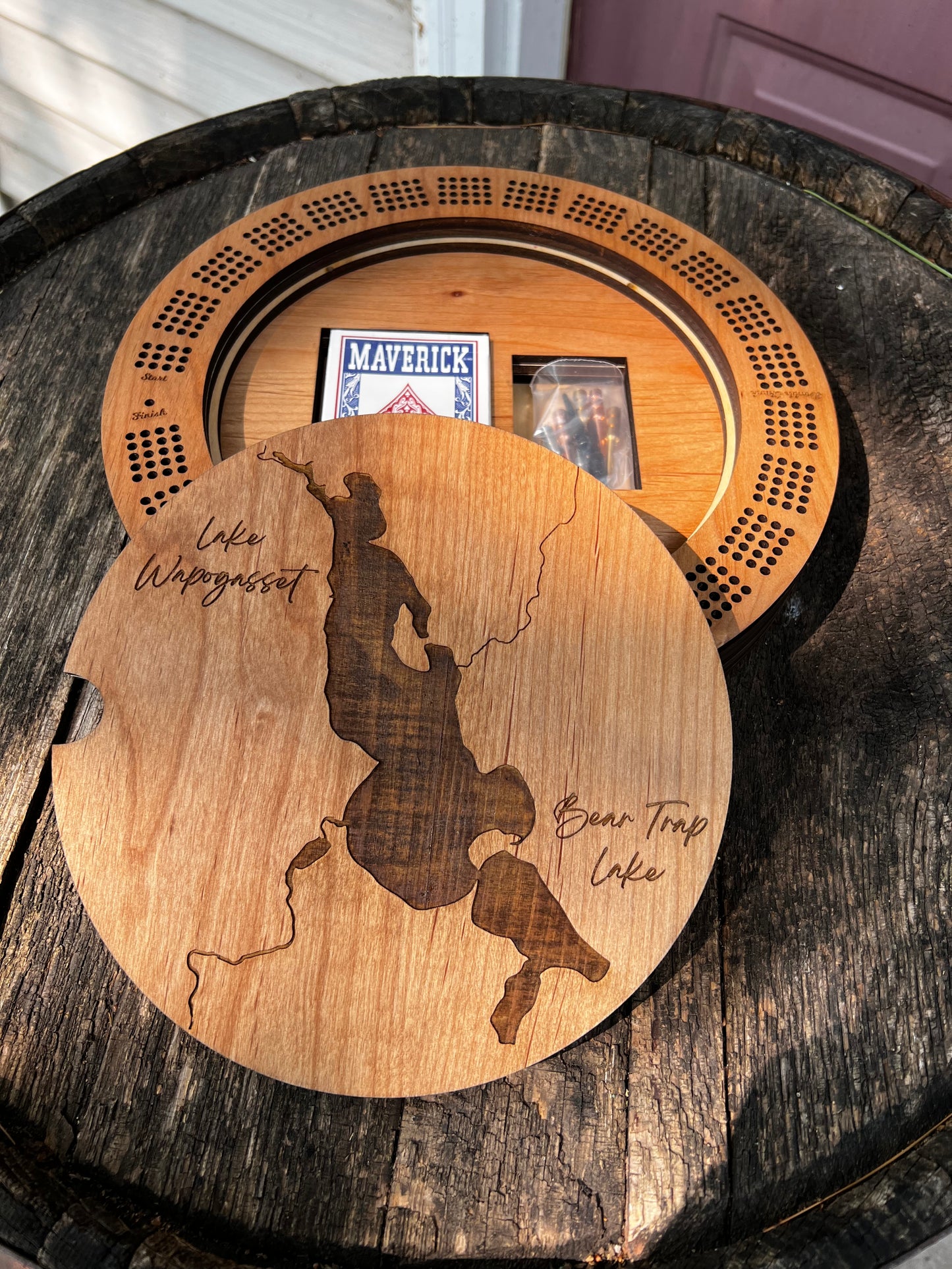 Round Cribbage board - Lake Engraved