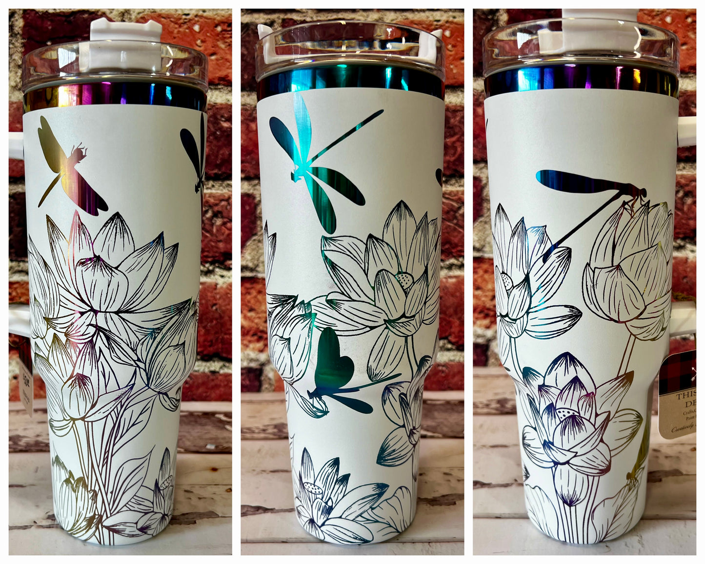 40 oz. Dragonflies and Lotus engraved stainless steel tumbler in rainbow metallic