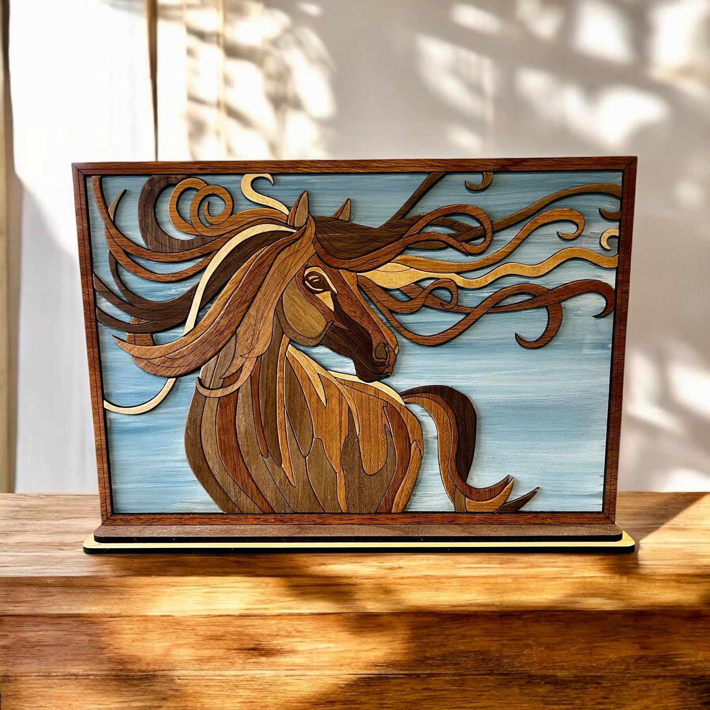 Horse with flowing mane wooden sign with a base
