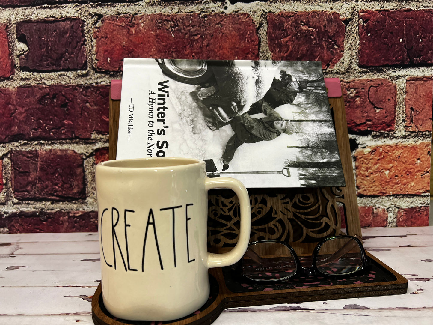 Book Valet/Book Holder, dark stain wooden with space for coffee, glasses, and cell phone