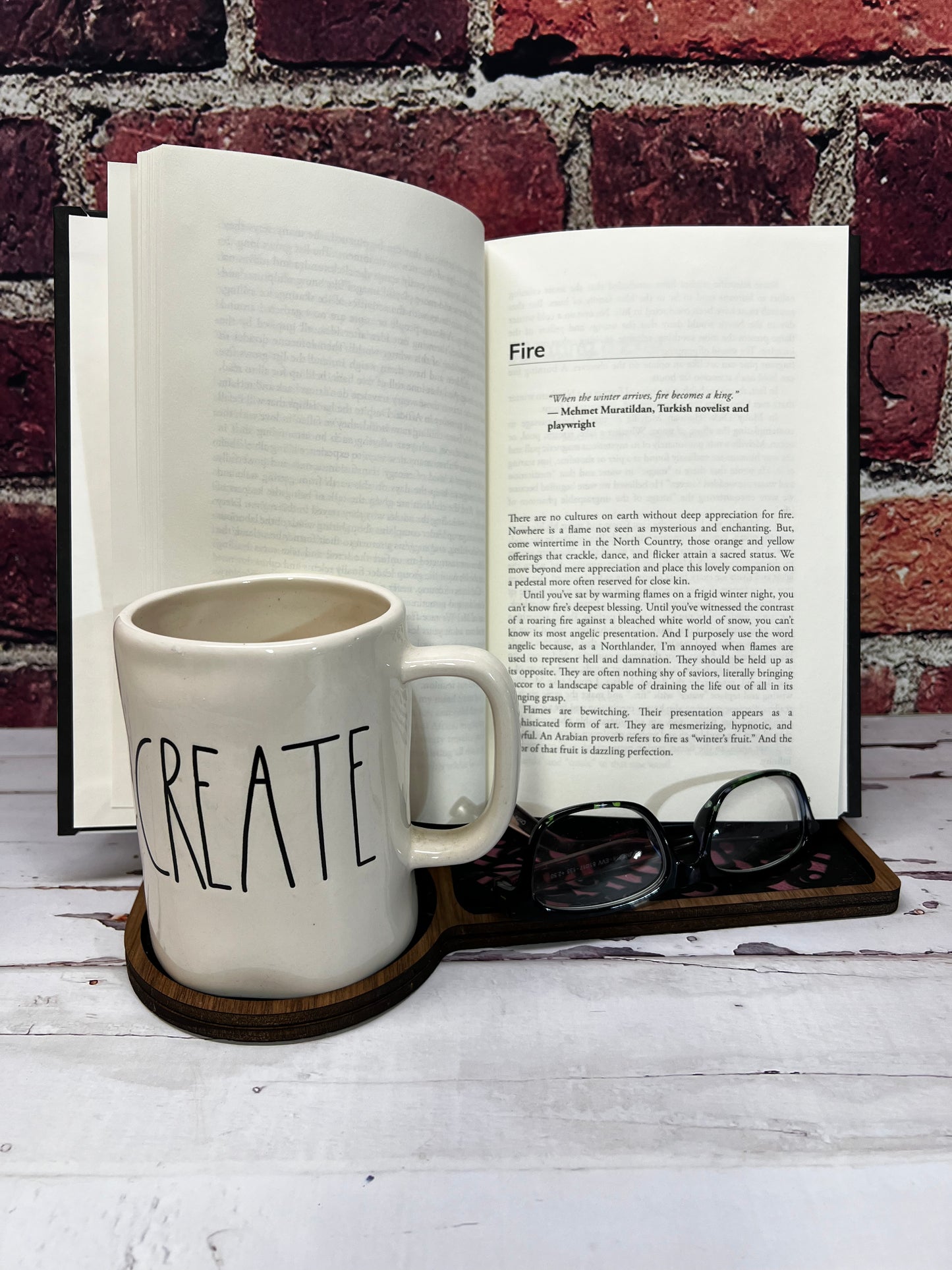 Book Valet/Book Holder, dark stain wooden with space for coffee, glasses, and cell phone