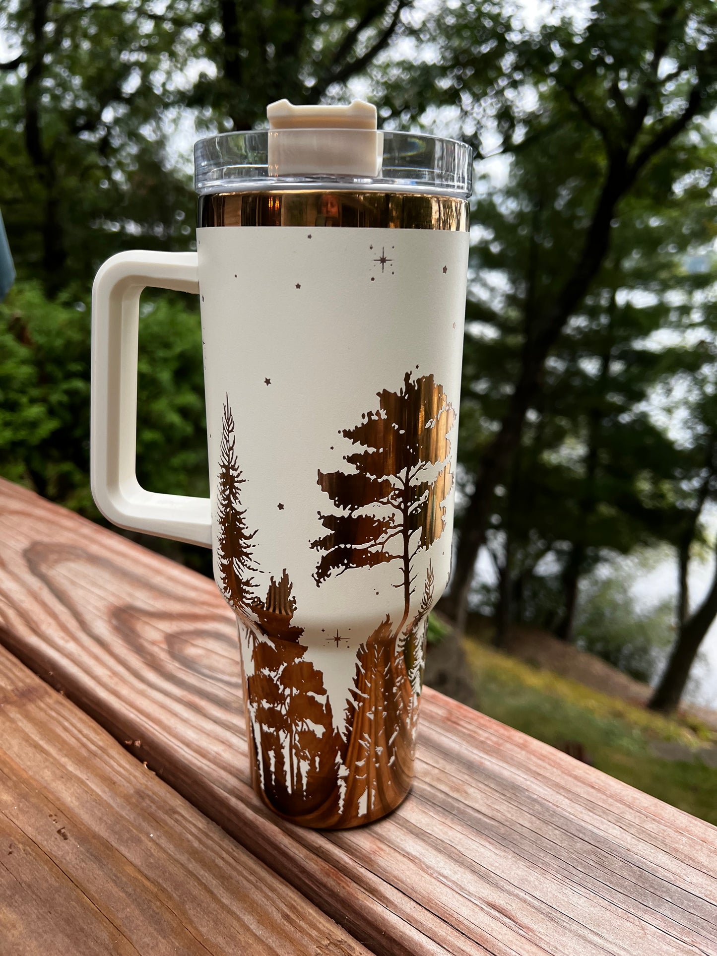 40 ounce engraved Copper Tumbler, Tree Line and Stars