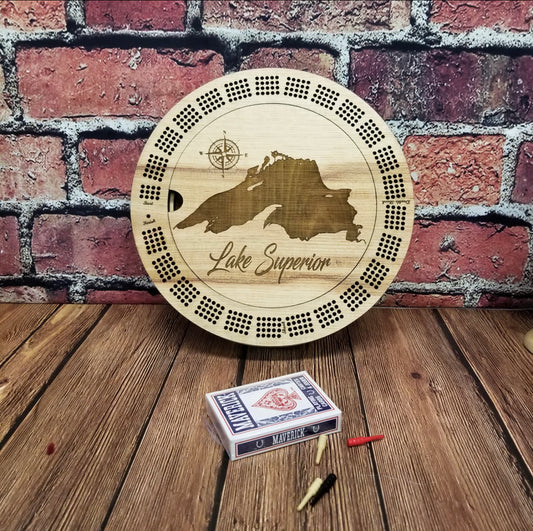 Round Cribbage board - Lake Engraved