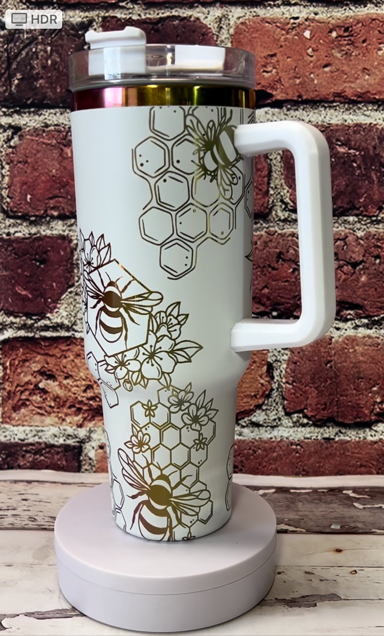 40 oz. Honey Bees and Flowers engraved stainless steel tumbler in rainbow metallic