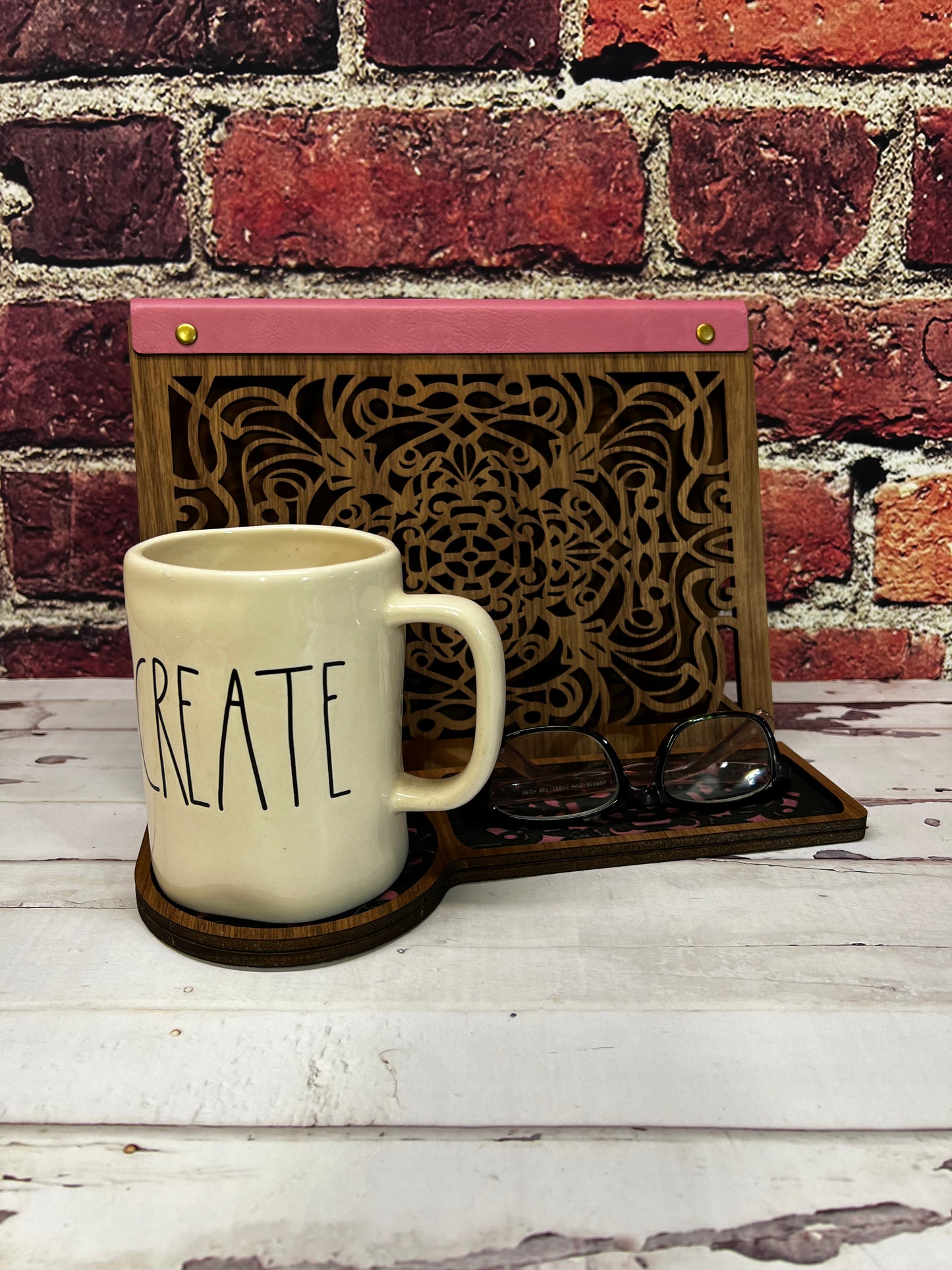 Book Valet/Book Holder, dark stain wooden with space for coffee, glasses, and cell phone
