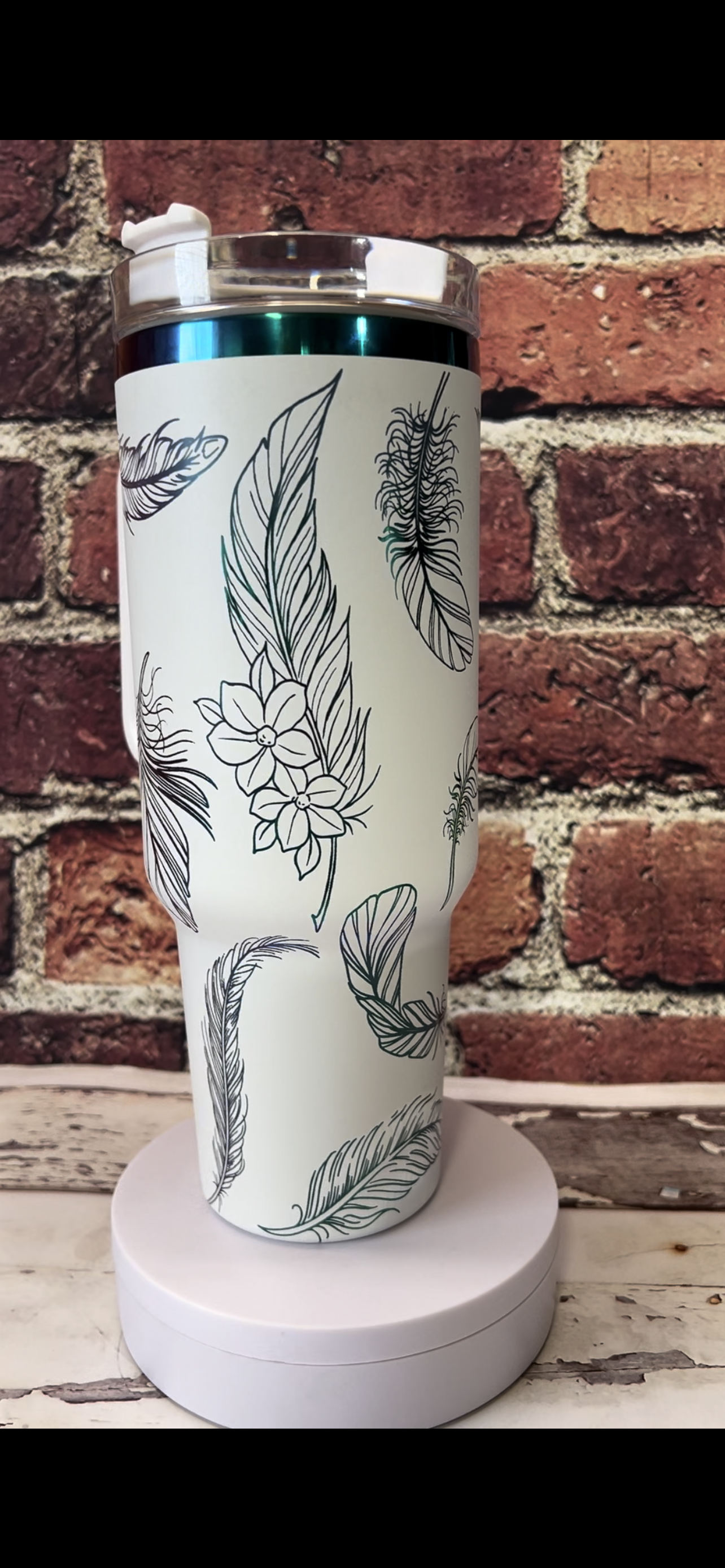 Copy of 40 oz. Feathers and Flowers engraved stainless steel tumbler in rainbow metallic