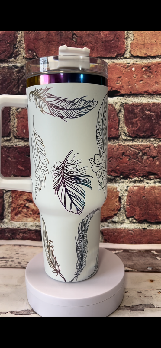 Copy of 40 oz. Feathers and Flowers engraved stainless steel tumbler in rainbow metallic