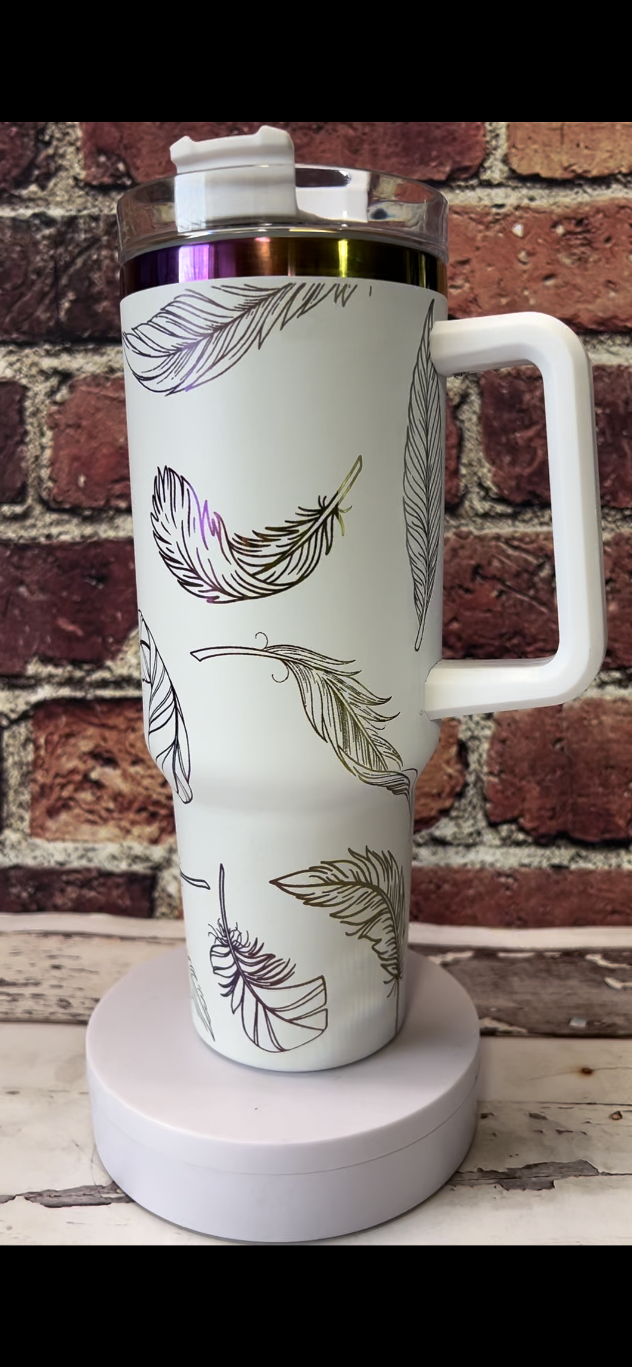 Copy of 40 oz. Feathers and Flowers engraved stainless steel tumbler in rainbow metallic