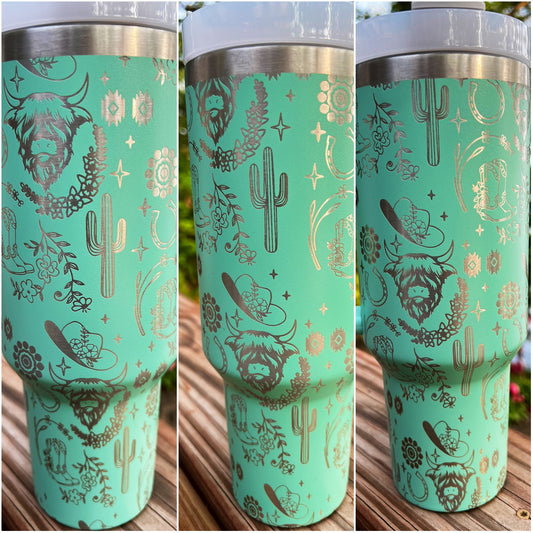 40 ounce engraved stainless steel tumbler Highland Cows, Cowboy Hats and Boots