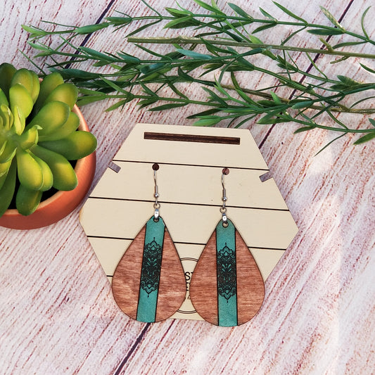 Earrings | Drop Earrings | Boho Earrings |  Wood Earrings with leather insert.