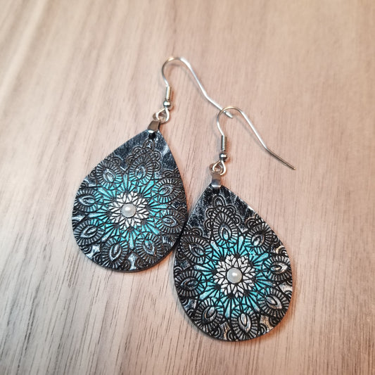 Earrings | Drop Earrings | Earrings with pearl center | Teardrop Mandala | Teal earrings | Wooden Earrings